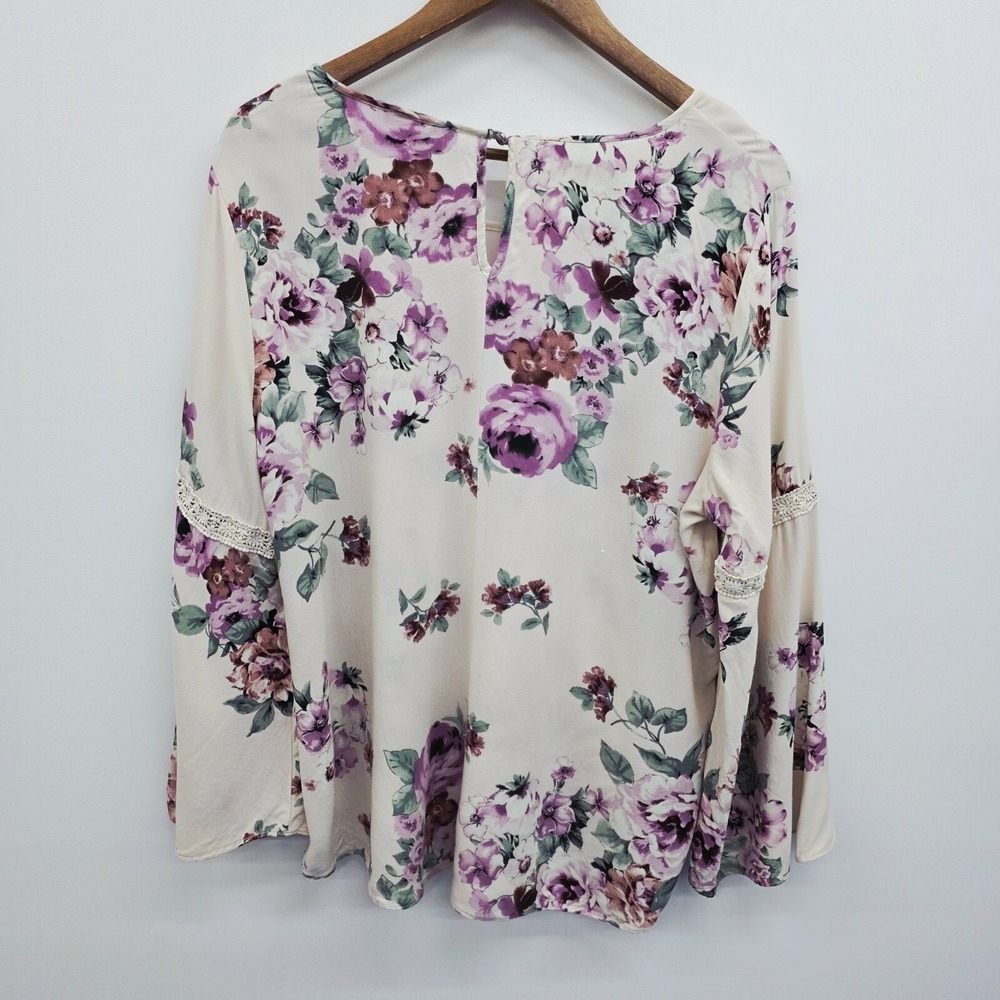 Jennie & Marlis Floral Bell Sleeve Blouse Ivory‎ Purple Lace Trim 1X Boho Fairy - Picture 4 of 14